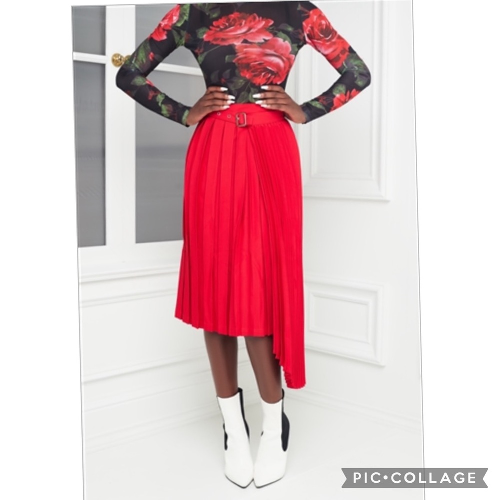 Asymmetrical pleated belted midi skirt